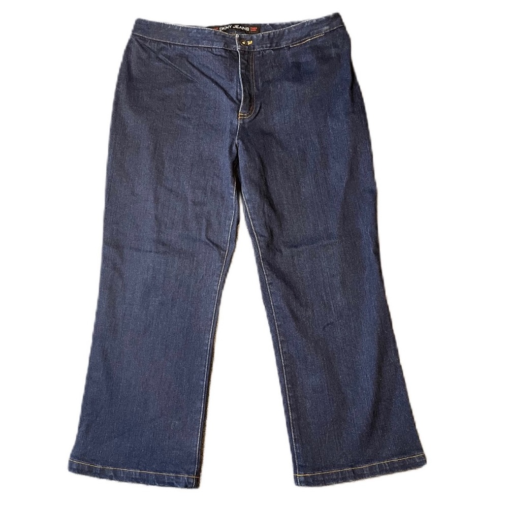DKNY Women’s Dark Wash Blue Denim High Waist Cropped Wide Leg Jeans, Size 12
